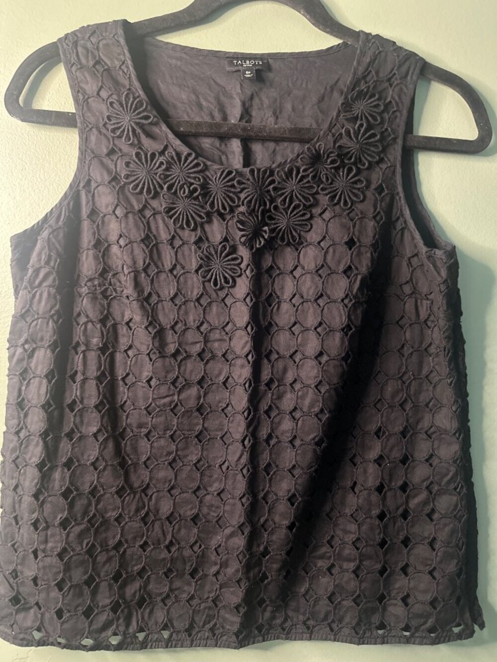 Talbots Size 8P Sleeveless Cotton Blouse Embroidered Collar Zip Back Top